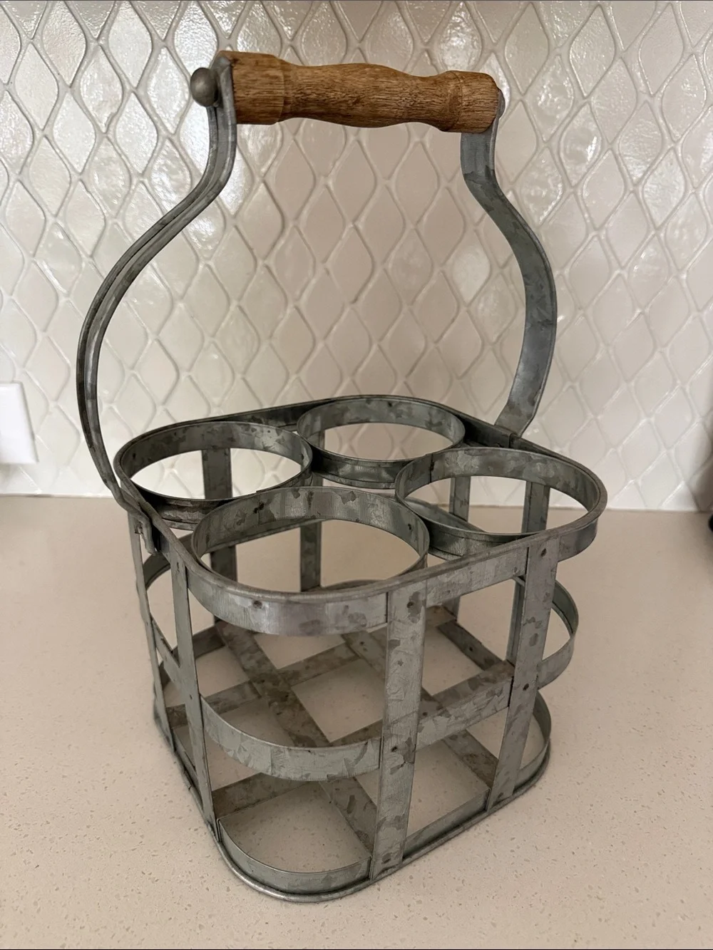 Galvanized Metal 6-Bottle Carrier with Wood Handle